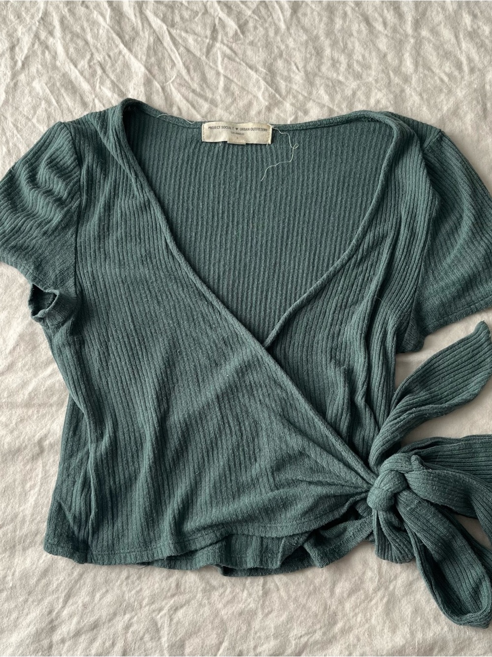 Urban Outfitters Blue-Green Ribbed Wrap Short-Sleeve Crop Top